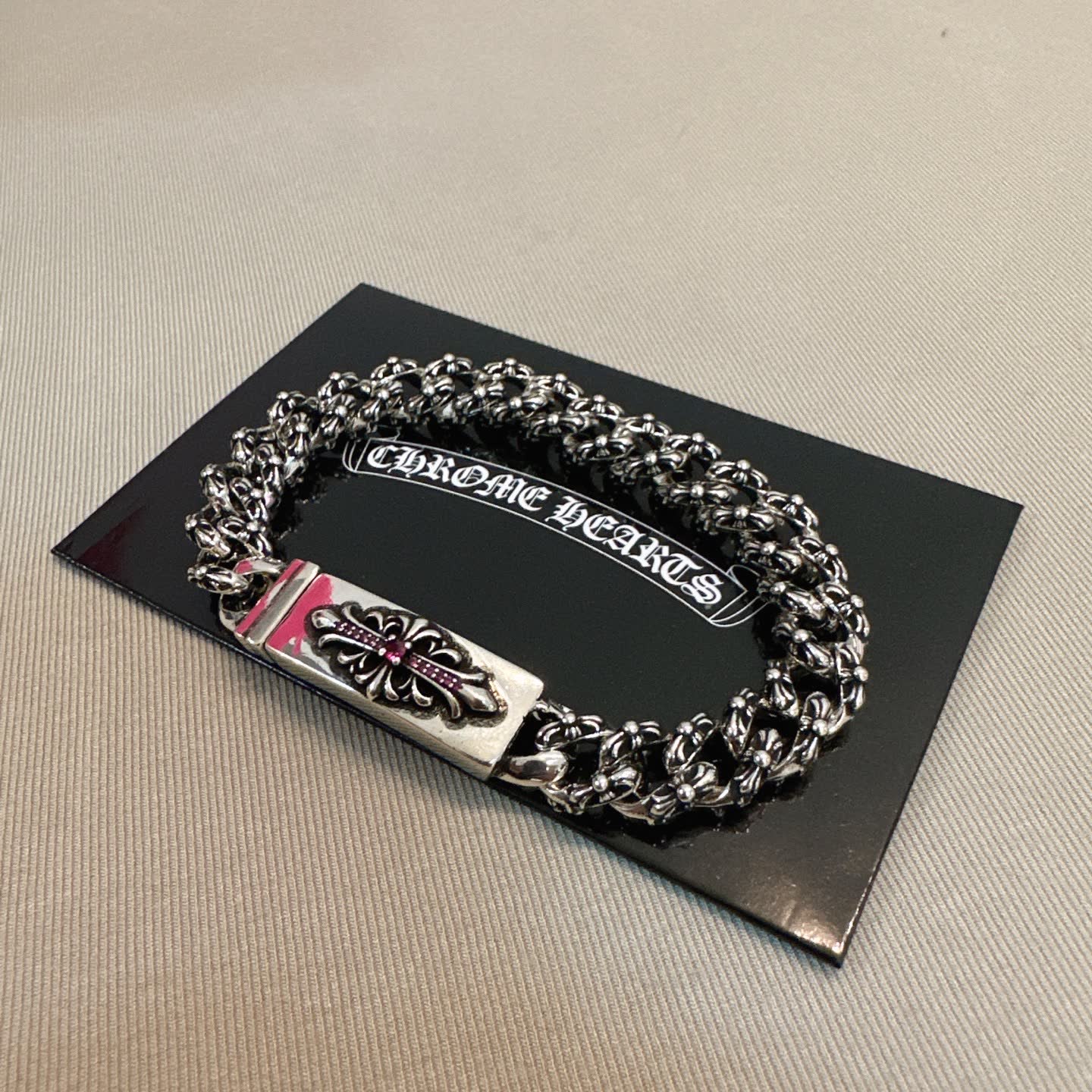 Chrome Hearts Silver Bracelet with Pink Crystal Cross Clasp